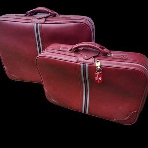 Vtg Soft Shell Faux Leather Luggage Bravo Travel Suitcases Red/Burgandy~Set of 2